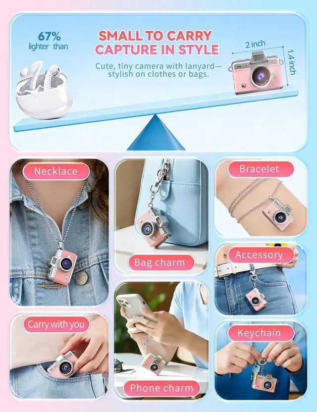Alt view image 3 of 6 - Mini Keychain Camera, 1080P Portable Digital Camera with 1.47 Flip LCD & Flash, Retro Collectible Pocket Camera for Travel, Parties, Birthday(Pink32GB)