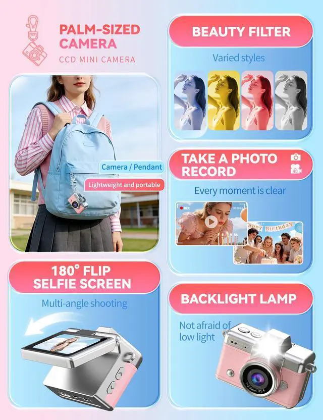 Alt view image 5 of 6 - Mini Keychain Camera, 1080P Portable Digital Camera with 1.47 Flip LCD & Flash, Retro Collectible Pocket Camera for Travel, Parties, Birthday(Pink32GB)