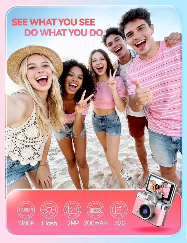 Alt view image 6 of 6 - Mini Keychain Camera, 1080P Portable Digital Camera with 1.47 Flip LCD & Flash, Retro Collectible Pocket Camera for Travel, Parties, Birthday(Pink32GB)