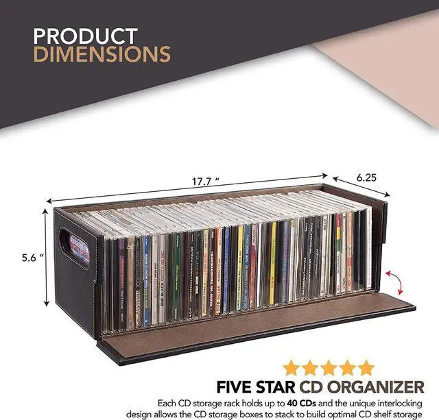 Alt view image 2 of 6 - CD Storage Box, Organizer Shelf for Movie Cases, DVDs, Cassette Tape Display Stand, Disc Holder Can Store Up to 40 CDs, Faux Leather (Brown)