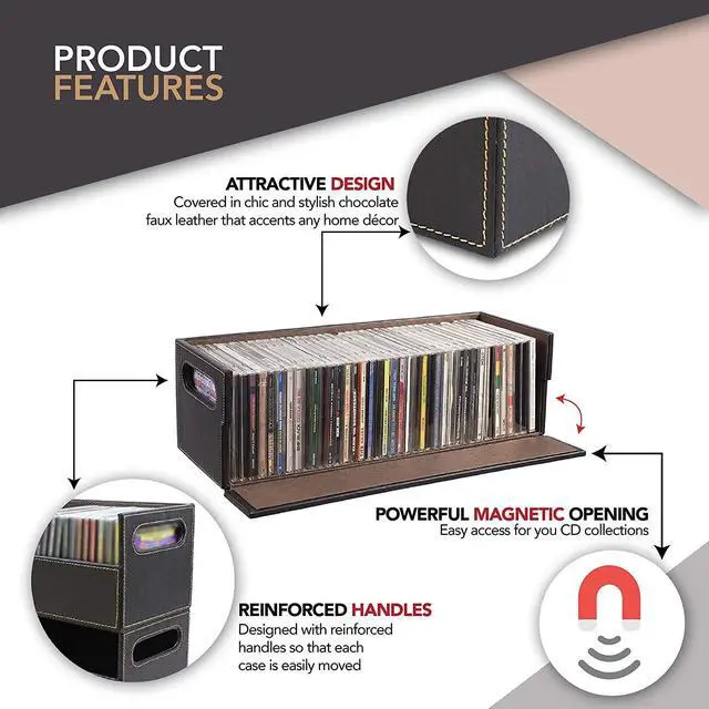 Alt view image 3 of 6 - CD Storage Box, Organizer Shelf for Movie Cases, DVDs, Cassette Tape Display Stand, Disc Holder Can Store Up to 40 CDs, Faux Leather (Brown)