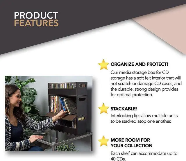 Alt view image 4 of 6 - CD Storage Box, Organizer Shelf for Movie Cases, DVDs, Cassette Tape Display Stand, Disc Holder Can Store Up to 40 CDs, Faux Leather (Brown)