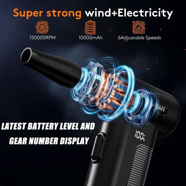Alt view image 2 of 6 - Compressed Air Duster Electric: 150000RPM 10000mAh LED 6-Gear Adjustable Keyboard Cleaner, Wireless Rechargeable Duster for Computer Keyboard Cleaning
