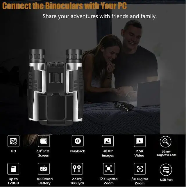 Alt view image 4 of 6 - 12x32 Digital Binoculars with Camera, 48MP 2.5K Video for Bird Watching | 2.4" LCD 12x32 Binoculars Camera 48MP 2.5K Video Recorder for Sports Outdoor Hunting Concerts Includes 32GB Card