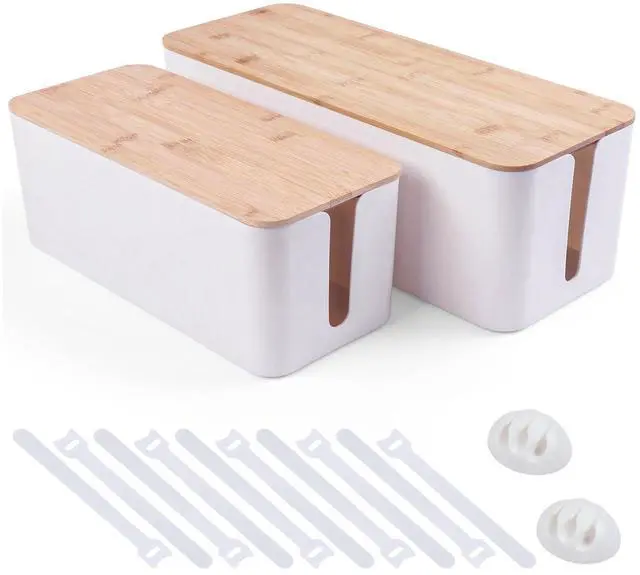 Main image of 2 Pack Cable Management Box - Cord Organizer Box with Wooden Lid for TV Wires, Power Strips, Router, USB Hub & Under Desk Power: Baby & Pet Proof Cord Management, Cord Hider for Home & Office (White)