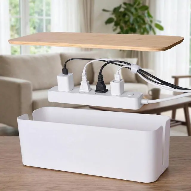 Alt view image 2 of 6 - 2 Pack Cable Management Box - Cord Organizer Box with Wooden Lid for TV Wires, Power Strips, Router, USB Hub & Under Desk Power: Baby & Pet Proof Cord Management, Cord Hider for Home & Office (White)