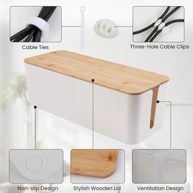 Alt view image 4 of 6 - 2 Pack Cable Management Box - Cord Organizer Box with Wooden Lid for TV Wires, Power Strips, Router, USB Hub & Under Desk Power: Baby & Pet Proof Cord Management, Cord Hider for Home & Office (White)