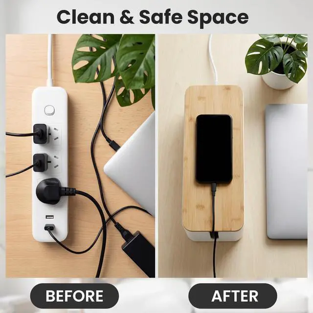 Alt view image 5 of 6 - 2 Pack Cable Management Box - Cord Organizer Box with Wooden Lid for TV Wires, Power Strips, Router, USB Hub & Under Desk Power: Baby & Pet Proof Cord Management, Cord Hider for Home & Office (White)