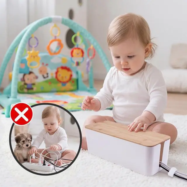 Alt view image 6 of 6 - 2 Pack Cable Management Box - Cord Organizer Box with Wooden Lid for TV Wires, Power Strips, Router, USB Hub & Under Desk Power: Baby & Pet Proof Cord Management, Cord Hider for Home & Office (White)