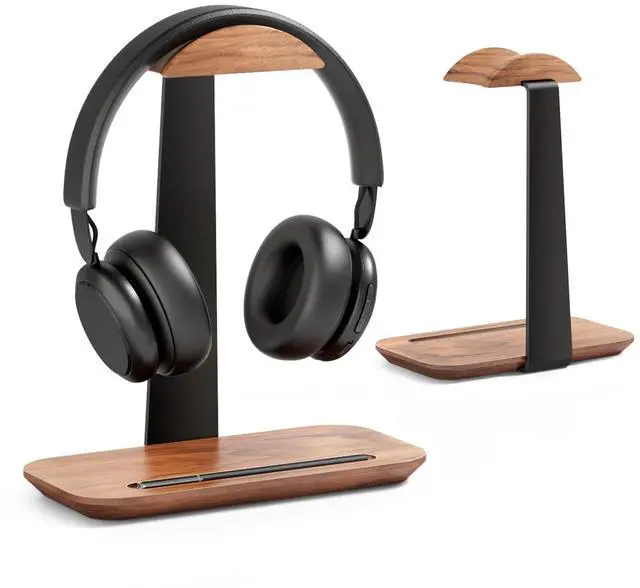 Main image of Walnut Headphone Stand, Wood Headset Holder with Storage for Desk | Solid Walnut & Aluminum, Anti-Slip Base, Universal for Gaming Headsets & AirPods Max, Extra Storage Tray
