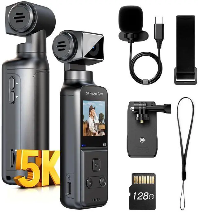 Main image of 5K Body Camera with Microphone, W5 Vlogging Camera, 5K/15FPS and 4K/60FPS with 270° Rotating Lens, External Mic Support, Clip/Strap Options, EIS Stabilization for Meeting, and Daily Use (128GB)