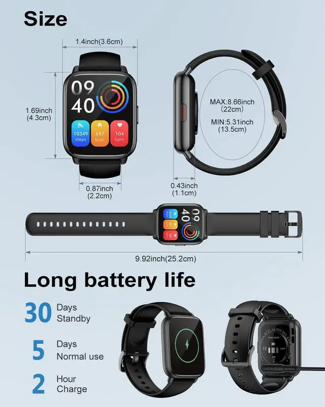 Alt view image 6 of 6 - Smart Watches for Women Men (Answer/Make Call, 2 Bands), 1.8", Black | Smartwatch for iPhone/Android Phone, Fitness Tracker Heart Rate/Sleep Monitor, Step Calories Counter Digital Watch Waterproof