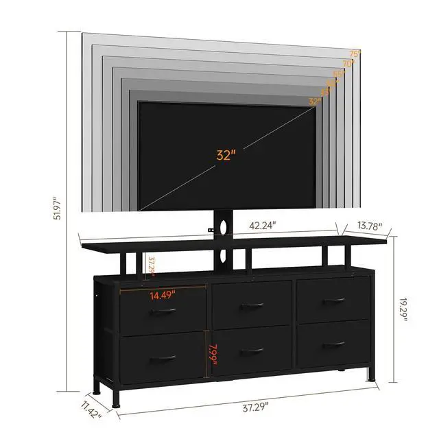 Alt view image 2 of 6 - Black TV Stand with Mount for 32/45/55/60/65/75 inch TVs, Entertainment Center with 6 Fabric Drawers & Open Shelf, TV Media Console for Living Room, Bedroom