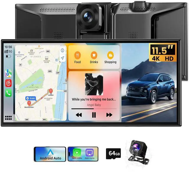 Main image of 11.5" Extra Large Wireless Apple CarPlay Screen for Car, 4K Portable Car Play Screen & Android Auto HD Touch Screen, Dash Cam Front and Rear, App Control, Mirror Link, Voice Control, GPS, Bluetooth