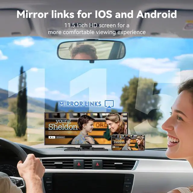 Alt view image 2 of 4 - 11.5" Extra Large Wireless Apple CarPlay Screen for Car, 4K Portable Car Play Screen & Android Auto HD Touch Screen, Dash Cam Front and Rear, App Control, Mirror Link, Voice Control, GPS, Bluetooth