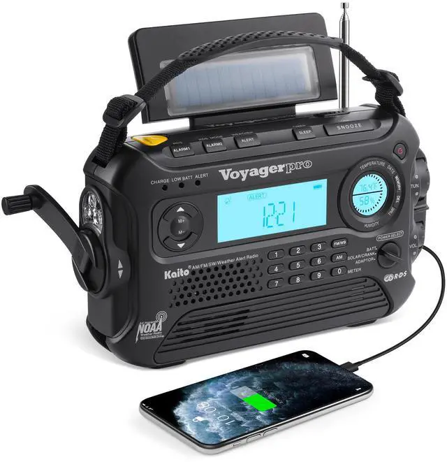 Main image of Voyager Pro KA600 Digital Solar Dynamo Hand Crank AM/FM/LW/SW & NOAA Weather Emergency Radio with Flashlight, Reading Lamp,Smart Phone Charger & RDS and Real-Time Alert, with AC Adapter, Black