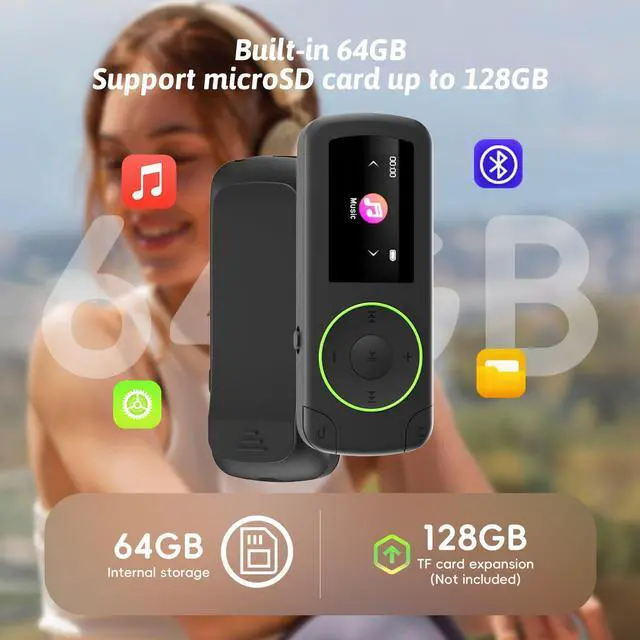 Alt view image 6 of 6 - 64GB Sport Clip on MP3 Player with Bluetooth- Superlight Mini MP3 Player with Clip and Recorder(No FM), MicroSD Support, Shuffle Playback for Running, Cycling, Hiking, Climbing and Yoga