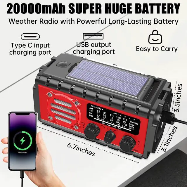 Alt view image 4 of 6 - 20000mah Emergency Radio, SW/NOAA/AM/FM Weather Radio, Solar Powered Hand Crank Charger with Big Battery Powered, Portable, Cellphone Charge, SOS, Flashlight for Emergency/Home