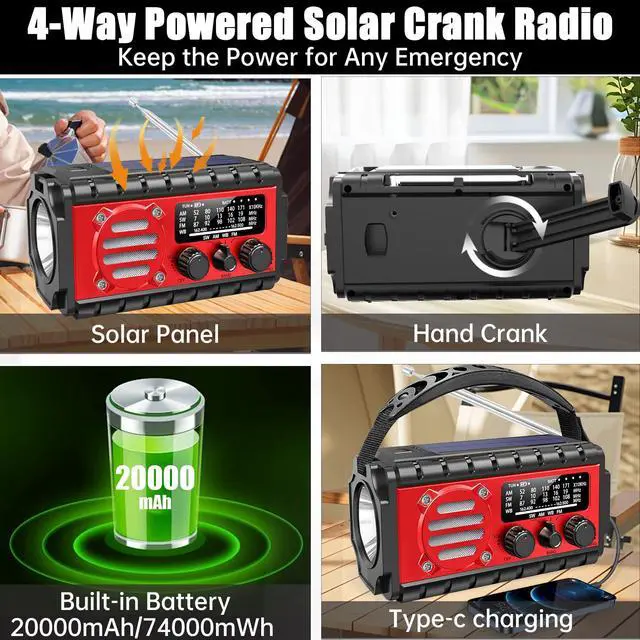 Alt view image 6 of 6 - 20000mah Emergency Radio, SW/NOAA/AM/FM Weather Radio, Solar Powered Hand Crank Charger with Big Battery Powered, Portable, Cellphone Charge, SOS, Flashlight for Emergency/Home