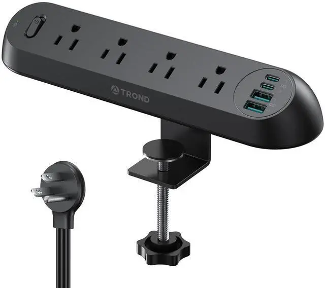 Main image of Desk Clamp Power Strip USB C PD 20W, Flat Plug 6ft, 1700J, ETL Listed | Surge Protector with 4 AC Outlets 4 USB Ports, Fits 1.97 in Tabletop Edge, for Home Office Desk Accessories, Black