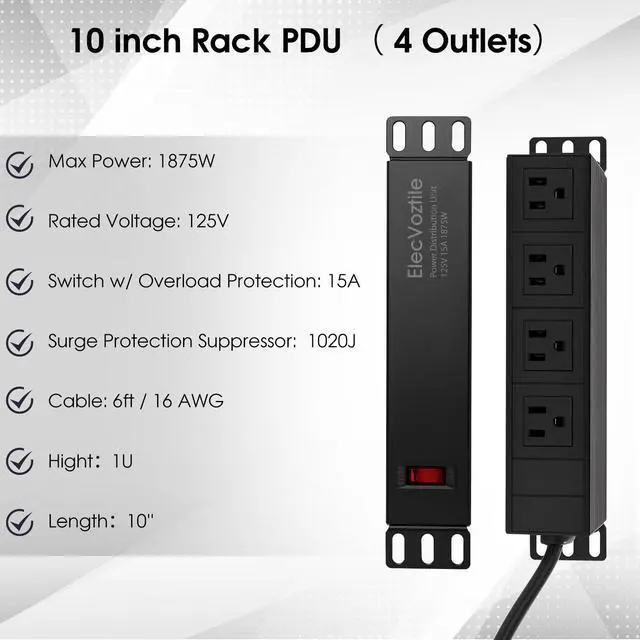 Alt view image 2 of 6 - 10 inch Rack PDU, 4 Rear Outlets, Surge Protected | 15A Overload Switch, 1U RackMount, Fits 10 inch Mini Server Rack, 6ft Power Cable