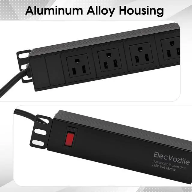 Alt view image 5 of 6 - 10 inch Rack PDU, 4 Rear Outlets, Surge Protected | 15A Overload Switch, 1U RackMount, Fits 10 inch Mini Server Rack, 6ft Power Cable