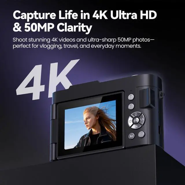Alt view image 2 of 6 - Digital Camera 4K for Photography Vlogging: 50MP Cameras for Video - 16X Zoom Photo Camera Gifts for Teens Ages 8-16 - 180°Flip Screen Compact Cámara - Point and Shoot Digital Cameras for YouTube