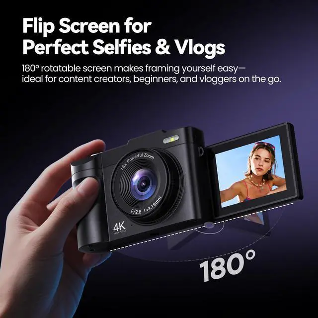 Alt view image 3 of 6 - Digital Camera 4K for Photography Vlogging: 50MP Cameras for Video - 16X Zoom Photo Camera Gifts for Teens Ages 8-16 - 180°Flip Screen Compact Cámara - Point and Shoot Digital Cameras for YouTube