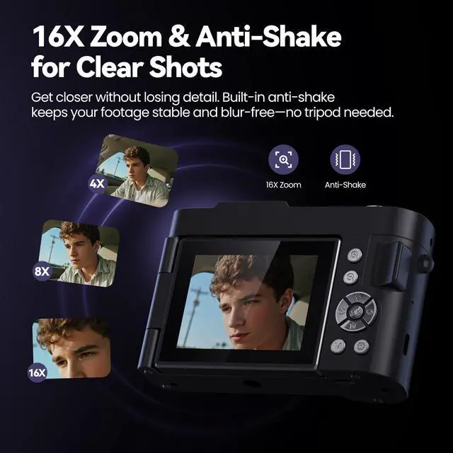 Alt view image 4 of 6 - Digital Camera 4K for Photography Vlogging: 50MP Cameras for Video - 16X Zoom Photo Camera Gifts for Teens Ages 8-16 - 180°Flip Screen Compact Cámara - Point and Shoot Digital Cameras for YouTube