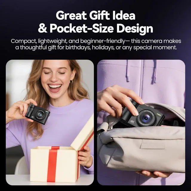 Alt view image 6 of 6 - Digital Camera 4K for Photography Vlogging: 50MP Cameras for Video - 16X Zoom Photo Camera Gifts for Teens Ages 8-16 - 180°Flip Screen Compact Cámara - Point and Shoot Digital Cameras for YouTube