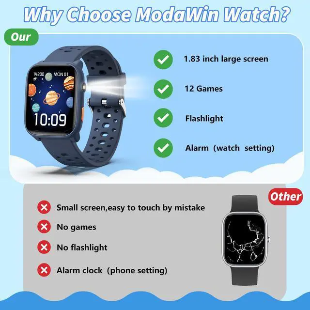 Alt view image 3 of 6 - Smart Watch for Kids with 12 Puzzle Games, 1.83" Fitness Tracker Watch Heart Rate Sleep Monitor, Pedometer, Alarm Clock, Flashlight, Gift for 6-12 Year Old Boys Girls