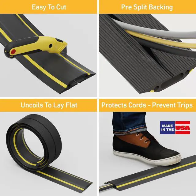 Alt view image 2 of 6 - 6ft Floor Cord Cover, Made in USA Linkable Cable Protector, Hide Extension Cords, Protect Cords, Prevent Cable Trips, Cord Hider, Heavy Duty - Cord Cavity = 1.18" (W) x 0.39" (H), Black/Yellow