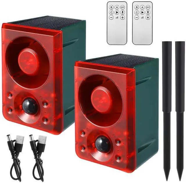 Main image of Solar Outdoor Motion Sensor Alarm with Stake Gunshot Sound Dog Barking, 3 Modes Support Recording & Adjustable Volume USB Charging 129 dB Loud Noise Maker for Animal Deterrent(2 Pcs,Red)