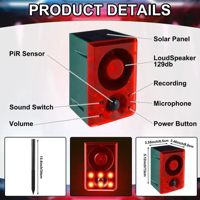 Alt view image 2 of 6 - Solar Outdoor Motion Sensor Alarm with Stake Gunshot Sound Dog Barking, 3 Modes Support Recording & Adjustable Volume USB Charging 129 dB Loud Noise Maker for Animal Deterrent(2 Pcs,Red)