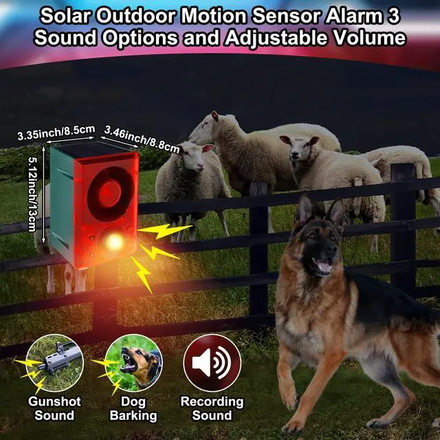 Alt view image 3 of 6 - Solar Outdoor Motion Sensor Alarm with Stake Gunshot Sound Dog Barking, 3 Modes Support Recording & Adjustable Volume USB Charging 129 dB Loud Noise Maker for Animal Deterrent(2 Pcs,Red)