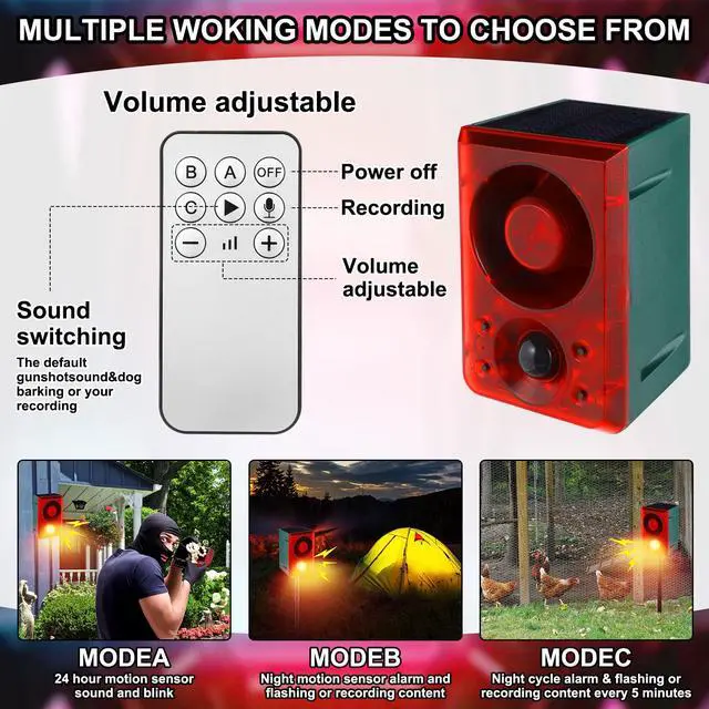 Alt view image 4 of 6 - Solar Outdoor Motion Sensor Alarm with Stake Gunshot Sound Dog Barking, 3 Modes Support Recording & Adjustable Volume USB Charging 129 dB Loud Noise Maker for Animal Deterrent(2 Pcs,Red)