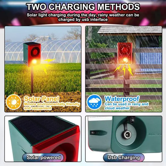 Alt view image 6 of 6 - Solar Outdoor Motion Sensor Alarm with Stake Gunshot Sound Dog Barking, 3 Modes Support Recording & Adjustable Volume USB Charging 129 dB Loud Noise Maker for Animal Deterrent(2 Pcs,Red)