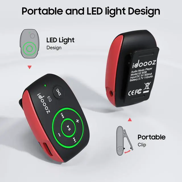 Alt view image 3 of 6 - Clip MP3 Player with LED Light, 8GB X2 Mini MP3 Music Player | Clip-On MP3 Player With Shuffle and Loop Playback for Sports, Gym, Jogging, Running, Lossless Sound Quality