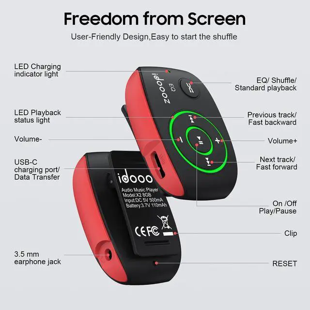 Alt view image 6 of 6 - Clip MP3 Player with LED Light, 8GB X2 Mini MP3 Music Player | Clip-On MP3 Player With Shuffle and Loop Playback for Sports, Gym, Jogging, Running, Lossless Sound Quality