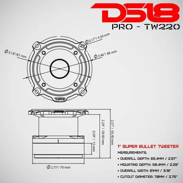 Alt view image 3 of 6 - PRO-TW220 Aluminum Super Bullet Tweeter 1" 350W Max 225W RMS with Built In Crossover (2 Speakers Included), New Model