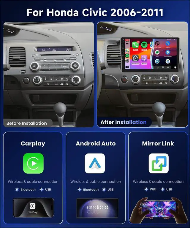 Alt view image 3 of 6 - 4G 64G Car Stereo for Honda Civic 2006-2011 Radio with Backup Camera | 10.1inch 1280*720 IPS Touch Screen DSP 32EQ Wireless Carplay Android Auto Bluetooth 5.0 GPS SWC FM/RDS 5G WiFi MirrorLink
