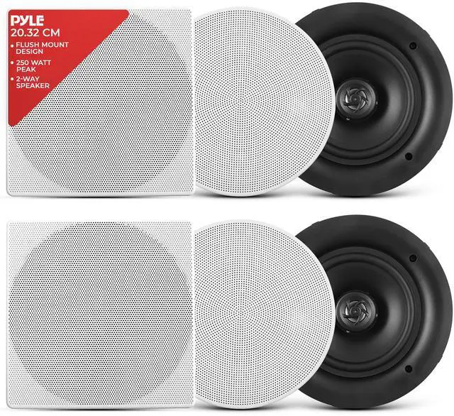 Main image of 8.0" Ceiling Wall Mount Speakers - Pair of 2-Way Full Range Sound Stereo Speaker Audio System Flush Design w/ Electronic Crossover Network 40Hz-20kHz Frequency Response & 250 Watts Peak - PDIC86