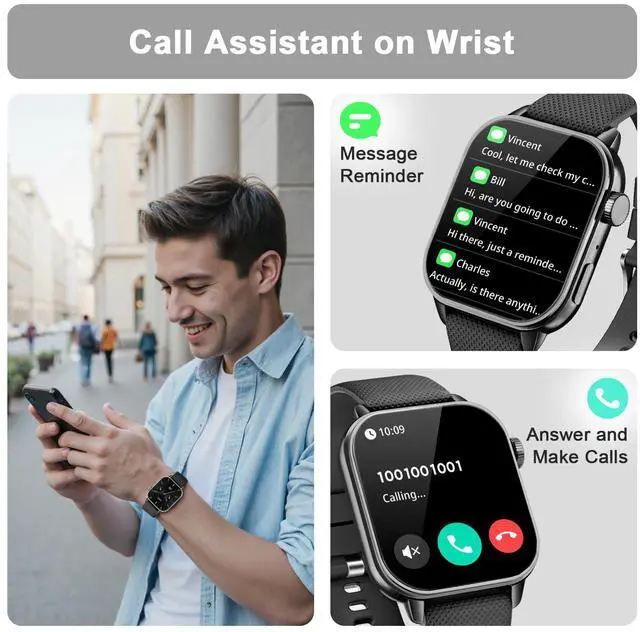 Alt view image 2 of 6 - Smart Watch for Men Women, 1.85'' AMOLED HD Fitness Watch with 120+ Sports Modes, Bluetooth Call/Heart Rate/Sleep Monitor/Pedometer, Smartwatch for Android iOS, IP68 Waterproof, Black