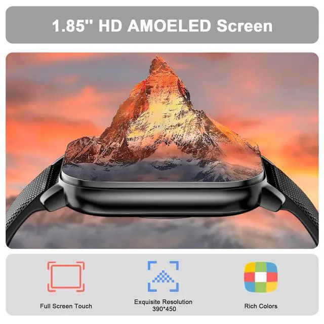 Alt view image 3 of 6 - Smart Watch for Men Women, 1.85'' AMOLED HD Fitness Watch with 120+ Sports Modes, Bluetooth Call/Heart Rate/Sleep Monitor/Pedometer, Smartwatch for Android iOS, IP68 Waterproof, Black