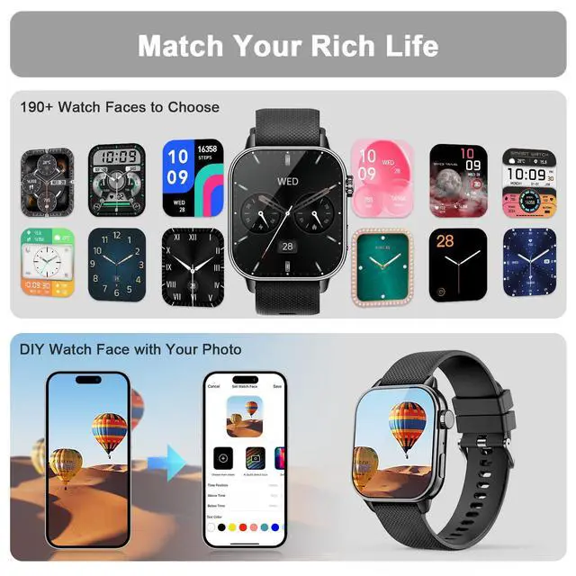 Alt view image 4 of 6 - Smart Watch for Men Women, 1.85'' AMOLED HD Fitness Watch with 120+ Sports Modes, Bluetooth Call/Heart Rate/Sleep Monitor/Pedometer, Smartwatch for Android iOS, IP68 Waterproof, Black