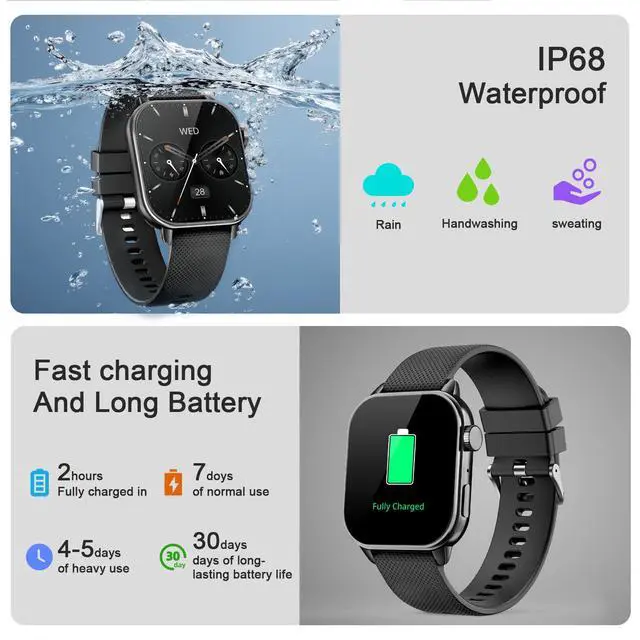 Alt view image 5 of 6 - Smart Watch for Men Women, 1.85'' AMOLED HD Fitness Watch with 120+ Sports Modes, Bluetooth Call/Heart Rate/Sleep Monitor/Pedometer, Smartwatch for Android iOS, IP68 Waterproof, Black