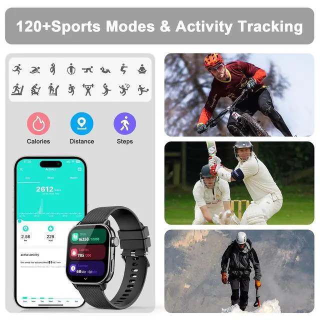Alt view image 6 of 6 - Smart Watch for Men Women, 1.85'' AMOLED HD Fitness Watch with 120+ Sports Modes, Bluetooth Call/Heart Rate/Sleep Monitor/Pedometer, Smartwatch for Android iOS, IP68 Waterproof, Black