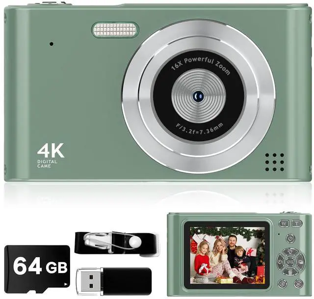 Main image of Digital Camera - 1080P Vlog Camera, 44MP Compact, 16X Zoom, Anti-Shake, Green Gift for Kids