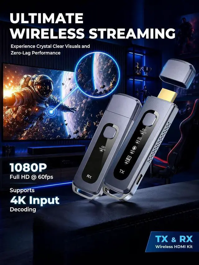 Alt view image 2 of 6 - Wireless HDMI Transmitter and Receiver, Plug & Play HDMI Extender | 4K Decode Input, 1080P@60Hz Output, No WiFi/Apps/Bluetooth, Dual-Band 5.8G+2.4G, Low Latency, 165FT, Projector/Meeting