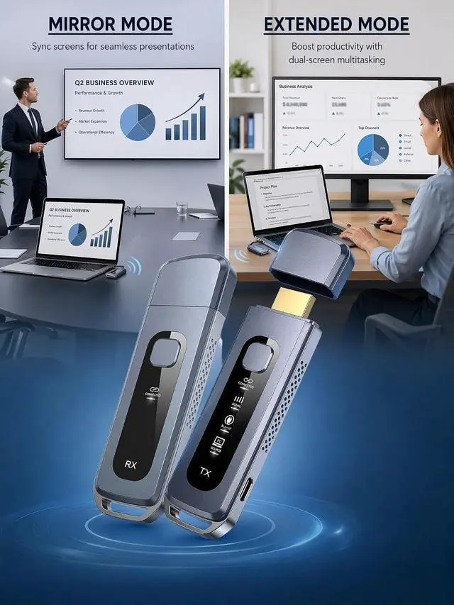 Alt view image 4 of 6 - Wireless HDMI Transmitter and Receiver, Plug & Play HDMI Extender | 4K Decode Input, 1080P@60Hz Output, No WiFi/Apps/Bluetooth, Dual-Band 5.8G+2.4G, Low Latency, 165FT, Projector/Meeting